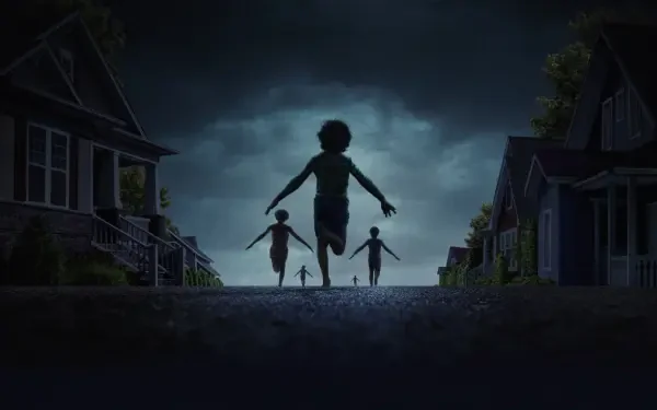 4K Ultra HD PC desktop wallpaper: three silhouetted children run down a suburban street at night, one holding a weapon beneath stormy clouds.