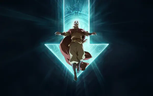 Aang from Avatar: The Last Airbender anime, floating with arms outstretched before a glowing blue Avatar arrow symbol — 4K Ultra HD PC desktop wallpaper/background.