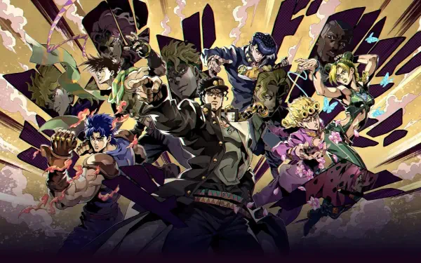HD PC desktop wallpaper of JoJo's Bizarre Adventure: Stardust Crusaders — Jotaro Kujo centered with companions and Stands in dynamic poses against a dramatic comic explosion background.