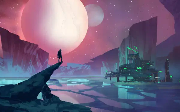Star Trek: Prodigy 4K Ultra HD PC desktop wallpaper — lone figure on rocky cliff gazes at neon-lit alien outpost beneath twin moons and a pink starfield.