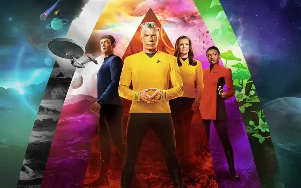 Star Trek: Strange New Worlds 4K Ultra HD PC desktop wallpaper and background: four Starfleet officers in colored uniforms posed before a glowing triangular nebula with the starship Enterprise.