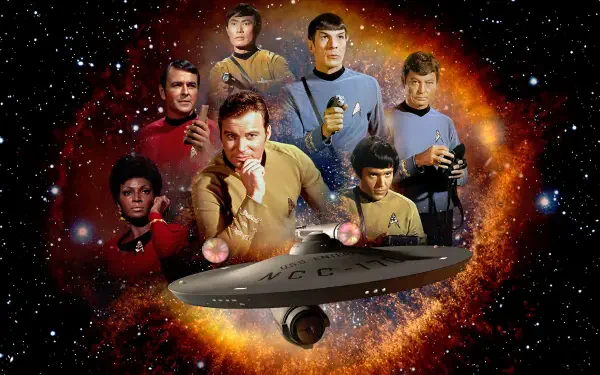 Star Trek 4K Ultra HD PC desktop wallpaper: Original Series bridge crew in classic uniforms clustered above the USS Enterprise, framed by a fiery nebula and distant starfield.