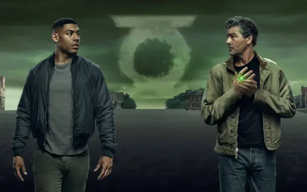 Lanterns (2026) — 4K Ultra HD PC desktop wallpaper and background: two men stand on a misty shoreline beneath a glowing circular light, green-tinted, moody sci-fi atmosphere.