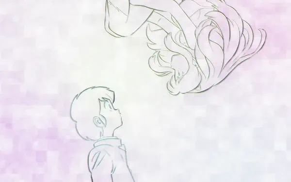Soft pastel HD PC desktop wallpaper from Urusei Yatsura (2022) anime: Lum floats upside-down above a staring Ataru Moroboshi in delicate sketch outlines.