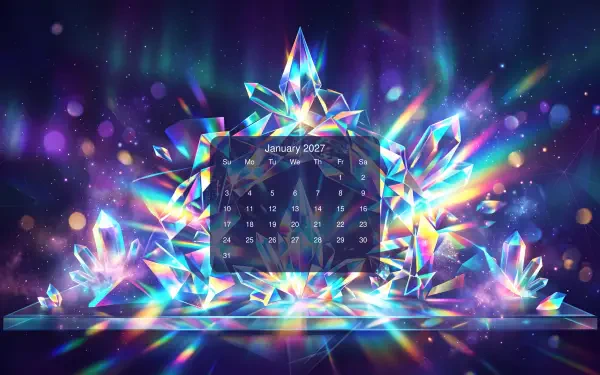 5K Ultra HD PC desktop wallpaper: January 2027 calendar framed by radiant multicolored crystal shards and aurora-like lights.
