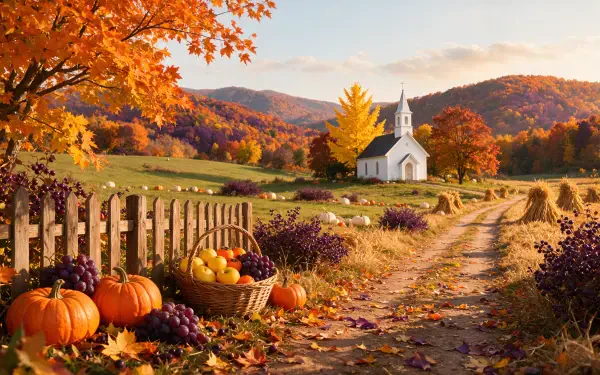 4K Ultra HD autumn aesthetic landscape: country church amid rolling hills, pumpkins and basket by a fence-lined dirt road, golden Autumn foliage — PC desktop wallpaper/background.