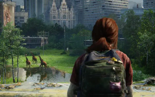 Ellie from The Last of Us (The Last of Us Part I; The Last of Us: Left Behind) watches deer in a reclaimed city — 4K Ultra HD PC desktop wallpaper/background.