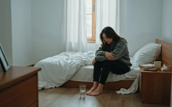 4K Ultra HD PC desktop wallpaper of a woman sitting on a bed in a minimalist bedroom, head bowed, glass of water at her feet — a quiet portrayal of depression.