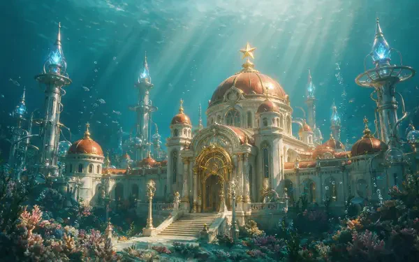 4K Ultra HD PC desktop wallpaper background: a grand underwater palace-castle with golden domes, glass spires, coral gardens and shafts of light filtering through turquoise water.