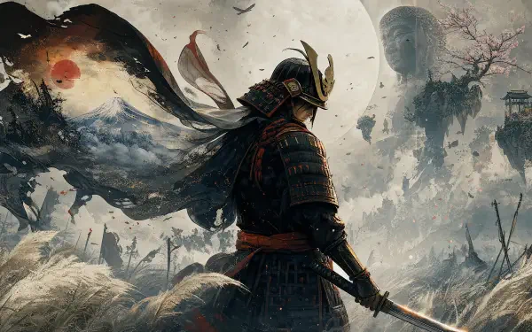 Sekiro: No Defeat — lone samurai warrior in battered armor holds a katana amid misty, war‑ravaged fields with a tattered banner and distant stone Buddha; 4K Ultra HD PC desktop wallpaper.