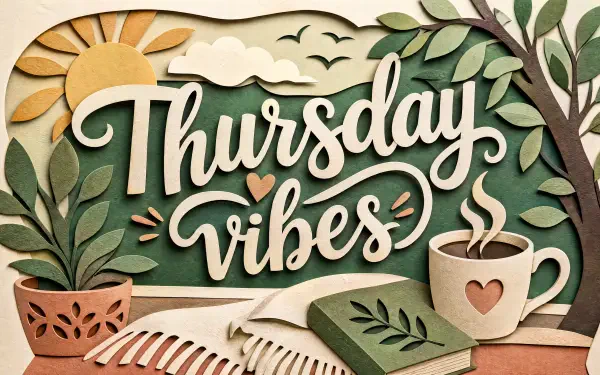 4K Ultra HD PC Desktop Wallpaper and Background: papercraft lettering Thursday vibes with sun, steaming cup, potted plants and a book in warm, cozy tones.