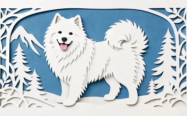 4K Ultra HD PC desktop wallpaper: a happy white Samoyed dog standing in a stylized blue mountain and snowy forest paper-cut background.