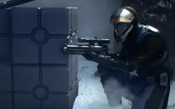HD PC desktop wallpaper from the video game Star Wars: Zero Company — an armored soldier crouches behind a crate, aiming a scoped rifle in a snowy, industrial Star Wars scene.