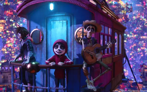 4K Ultra HD Kingdom Hearts IV PC wallpaper: vibrant city night scene with a skeleton guitarist, a hooded child and companions riding a colorful trolley — video game Kingdom Hearts imagery.