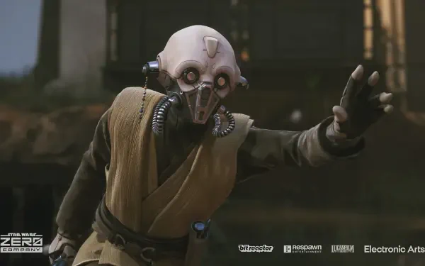 HD PC desktop wallpaper from the video game Star Wars: Zero Company — Tel-Rea Vokoss, a cyborg in robes and respirator, reaching forward across a war-torn landscape.