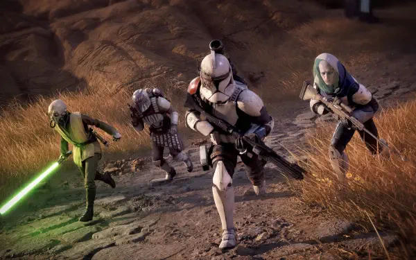 HD PC desktop wallpaper from the video game Star Wars: Zero Company showing a clone trooper and allies wielding lightsabers as they advance across a rocky field.