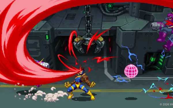 HD PC desktop wallpaper from MARVEL Cosmic Invasion fighting video game: Cyclops (Marvel Comics) unleashing a sweeping red optic blast across a futuristic stage.