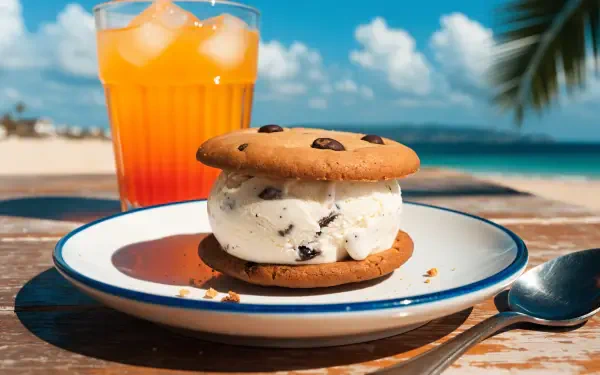 4K Ultra HD PC desktop wallpaper: chocolate-chip cookie ice cream sandwich on a plate beside a spoon and orange drink, sunlit tropical beach and palm frond in background.