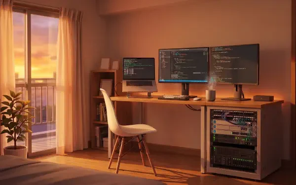Sunset-lit developer room: dual monitors showing code, a server rack under the desk, plant by the balcony — 2K Quad HD PC desktop wallpaper background.