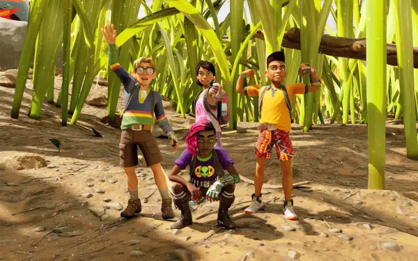 HD PC desktop wallpaper from video game Grounded 2 showing four cartoon children exploring a towering grass jungle, posing confidently among oversized blades and dirt.
