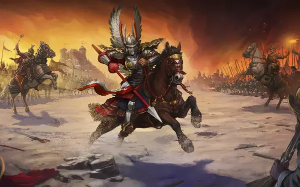 2K Quad HD desktop wallpaper from Age of Empires III: Definitive Edition — a mounted warrior knight charging on horseback across a snowy battlefield as armies clash beneath an orange sky.