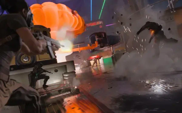 HD PC desktop wallpaper of Call of Duty: Black Ops 7 video game — soldiers trade gunfire as explosions erupt in a neon-lit, rain-soaked urban firefight.