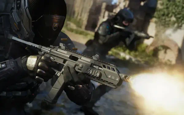 HD PC desktop wallpaper depicting Call of Duty: Black Ops 7 — masked soldiers in urban combat, close-up on a soldier firing a rifle.