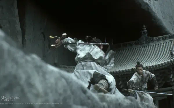 HD PC desktop wallpaper from the video game Black Myth: Zhong Kui showing a martial arts warrior brandishing a large sword amid temple rooftops and rocky cliffs.