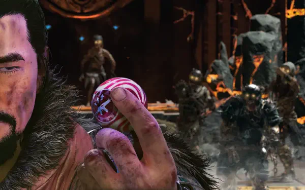 HD PC desktop wallpaper from the video game Call of Duty: Black Ops 7 — close-up of a grizzled operative holding a swirled lollipop as armored undead advance through a fiery battlefield.