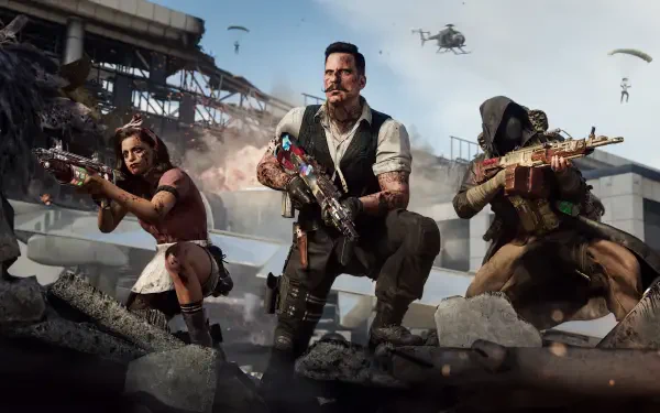 4K Ultra HD PC wallpaper: three Call of Duty: Black Ops 7 soldiers kneel amid rubble, armed with rifles and tactical gear as helicopters and parachutes hover overhead.