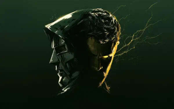 Avengers: Doomsday — 5K Ultra HD Avengers PC desktop wallpaper: split dark portrait, half armored mask and half human face with crackling yellow lightning on a deep green background