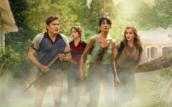 The End of Oak Street — four tense adults (man with a shovel, three women) stride through fog and fallen branches on a suburban street. 4K Ultra HD PC Desktop Wallpaper and Background
