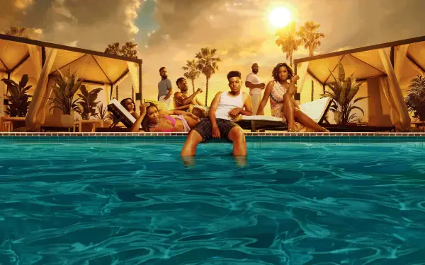 Bel-Air 4K Ultra HD PC desktop wallpaper: a group relaxing by a sunlit pool at sunset, palm trees and cabanas framing vivid teal water and a golden sky.