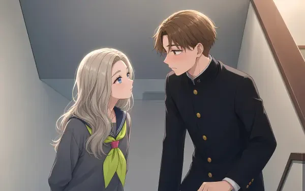 Shuuji Taira and Shino Azuma face each other on a stairwell in school uniforms, soft lighting and anime-style details — 5K Ultra HD PC desktop wallpaper/background.