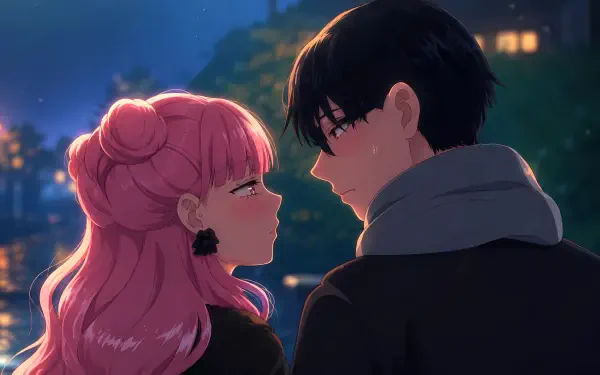 5K Ultra HD anime wallpaper of Miyu Suzuki and Yuusuke Tani sharing a close, tender gaze against a softly glowing city-night backdrop.