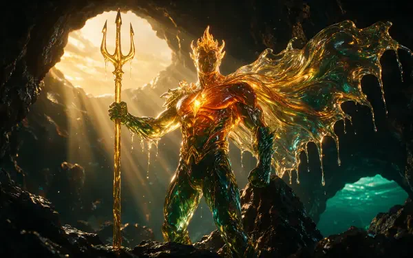 4K Ultra HD wallpaper: demonic Aquaman warrior holding a glowing trident, molten-gold armor dripping light inside a sunlit sea cave.