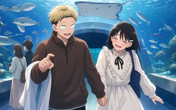 Kentarou Yamada and Natsumi Nishi from Seihantai na Kimi to Boku laugh hand-in-hand in an aquarium tunnel with fish and a manta ray above — 5K Ultra HD PC desktop wallpaper.