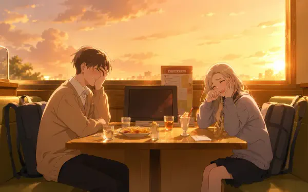 Shuuji Taira and Shino Azuma from Seihantai na Kimi to Boku share a sunset diner meal bathed in warm golden light — 5K Ultra HD PC desktop wallpaper.