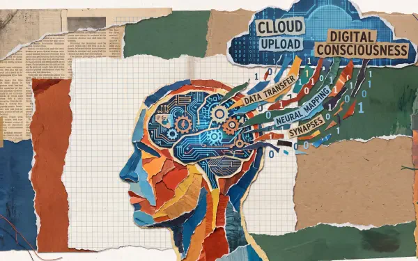 5K Ultra HD PC desktop wallpaper collage: colorful human head with exposed circuit-like brain, streams of data labeled 'Cloud Upload' and 'Digital Consciousness' — mind upload, technology.
