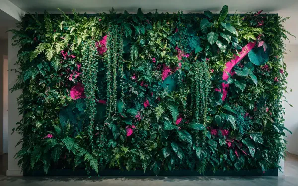 4K Ultra HD PC desktop wallpaper: lush living wall green wall vertical garden of cascading plants and pink blooms, vibrant indoor plant backdrop.