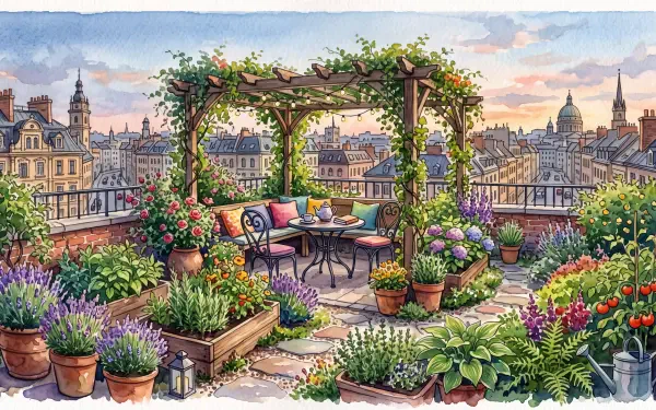 5K Ultra HD PC Desktop Wallpaper and Background: lush rooftop garden terrace with pergola, potted flowers, cozy table and chairs overlooking a city skyline at sunset.