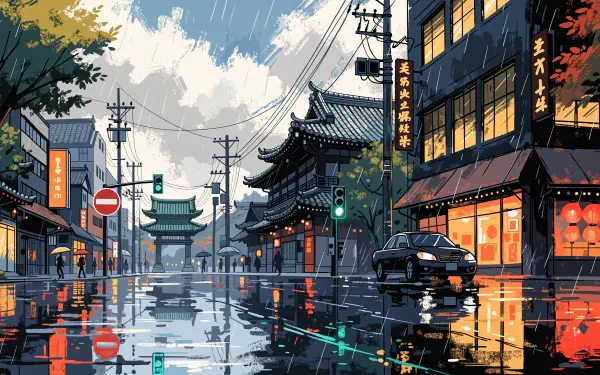 4K Ultra HD PC desktop wallpaper: rainy Kyoto street at dusk, wet reflections on pavement, traditional temple gate ahead, glowing shop windows and lanterns.
