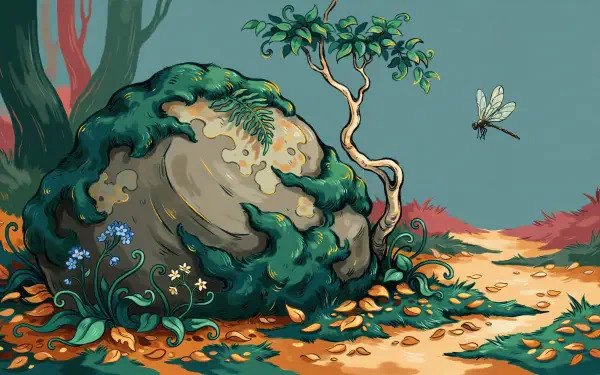 4K Ultra HD PC desktop wallpaper: mossy stone rock beside a twisted tree, green moss, blue wildflowers and a dragonfly along a sunlit forest path.
