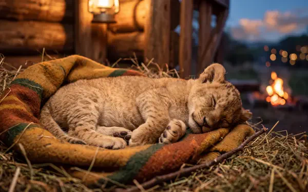 Young cub/kitten cat curled asleep on a blanket in straw by lantern and firelight, warm rustic scene — 5K Ultra HD PC desktop wallpaper and background.