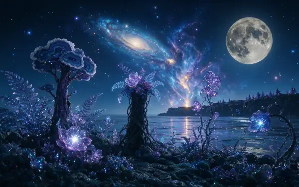 4K Ultra HD PC desktop wallpaper and background: moonlit night view of a lakeside landscape with a bright moon, swirling galaxy overhead and glowing, crystalline trees.