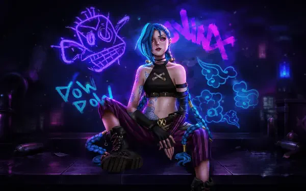 Digital art 4K Ultra HD wallpaper of Arcane's Jinx crouching on a neon-lit rooftop, blue hair, punk outfit, graffiti and explosive doodles glowing behind her — PC desktop background.