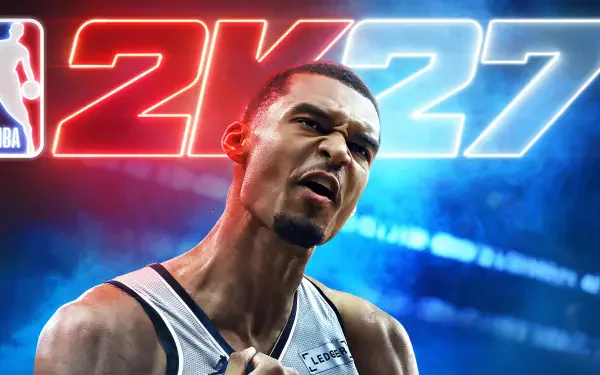 4K Ultra HD PC desktop wallpaper: close-up NBA 2K27 video game rendering of a tall, intense basketball star roaring under arena lights with bold 2K27 logo.