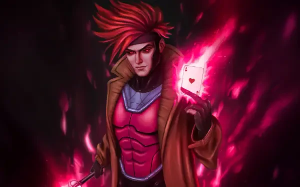Dark digital art of Gambit (Marvel Comics) holding a glowing pink charged card and staff — 4K Ultra HD PC desktop wallpaper and background