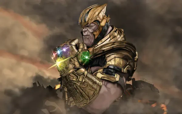 Thanos digital art: towering in golden armor clutching the glowing Infinity Gauntlet amid smoky ruins — 5K Ultra HD PC desktop wallpaper/background.