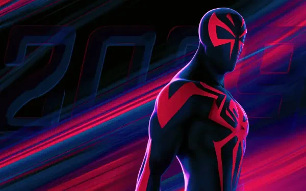Spider-Man 2099 superhero digital art in bold neon blue and red, posed against sweeping streaks and 2099 typography — 4K Ultra HD PC desktop wallpaper/background.